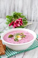 Cold beet soup on yogurt with egg, radishes and cucumbers photo