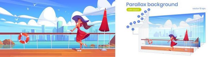 Parallax background with woman on cruise ship deck vector