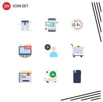 Pack of 9 Modern Flat Colors Signs and Symbols for Web Print Media such as watch play support user live Editable Vector Design Elements