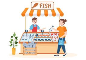 tienda de pescado para comercializar varios productos frescos e higiénicos mariscos en dibujos animados planos dibujados a mano ilustración de plantillas vector