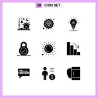 User Interface Pack of 9 Basic Solid Glyphs of sunlight summer bulb security lock Editable Vector Design Elements