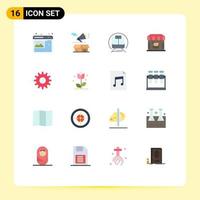 16 Universal Flat Color Signs Symbols of cog shopping open shop public Editable Pack of Creative Vector Design Elements