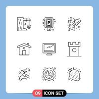 Modern Set of 9 Outlines Pictograph of monitor travel board house snack Editable Vector Design Elements