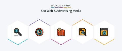 Seo Web And Advertising Media 25 FilledLine icon pack including page search. search. process. page. location vector