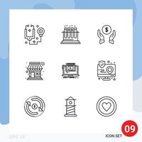 Universal Icon Symbols Group of 9 Modern Outlines of player market insurance store building Editable Vector Design Elements