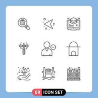 Set of 9 Vector Outlines on Grid for delete wrench arrange gear monitor Editable Vector Design Elements