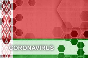 Belarus flag and futuristic digital abstract composition with Coronavirus inscription. Covid-19 outbreak concept photo