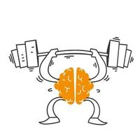 hand drawn doodle brain lifting a barbell for exercise illustration vector