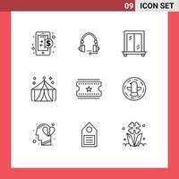 9 User Interface Outline Pack of modern Signs and Symbols of cinema tickets fair headset entertainment window Editable Vector Design Elements