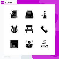 Mobile Interface Solid Glyph Set of 9 Pictograms of bench history lab harp culture Editable Vector Design Elements