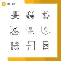 Set of 9 Vector Outlines on Grid for record mic brain teepee beach tent Editable Vector Design Elements