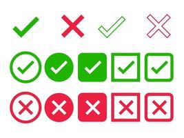 Green Check or right check, red check or cross check vector icon