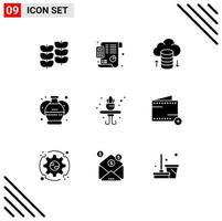 Group of 9 Modern Solid Glyphs Set for shelf home cloud hosting paint art Editable Vector Design Elements