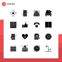 Mobile Interface Solid Glyph Set of 16 Pictograms of money cash staircase vehicles less Editable Vector Design Elements