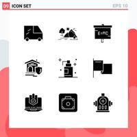 Group of 9 Modern Solid Glyphs Set for bath estate experiment real shield Editable Vector Design Elements