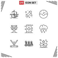 Pack of 9 Modern Outlines Signs and Symbols for Web Print Media such as app star up down movies chair Editable Vector Design Elements