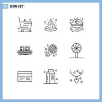 Group of 9 Modern Outlines Set for day factory food conveyor belt Editable Vector Design Elements