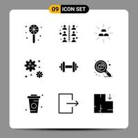 Set of 9 Commercial Solid Glyphs pack for sport dumbbell fund space astronaut Editable Vector Design Elements