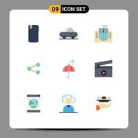 Mobile Interface Flat Color Set of 9 Pictograms of rain umbrella computer sharing share Editable Vector Design Elements