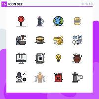 Modern Set of 16 Flat Color Filled Lines and symbols such as spa relax internet food fastfood Editable Creative Vector Design Elements