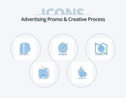 publicidad promoción y creativo proceso azul icono paquete 5 5 icono diseño. meta. apuntar. lámpara. pensamiento. regla vector