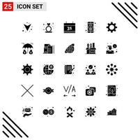 User Interface Pack of 25 Basic Solid Glyphs of gear cog calendar mobile coding Editable Vector Design Elements