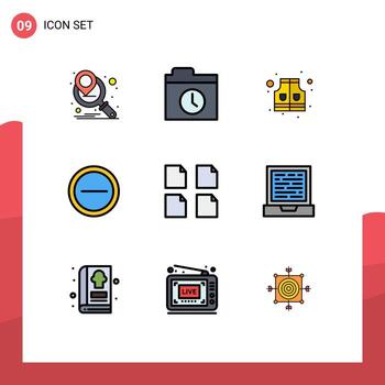 9 User Interface Filledline Flat Color Pack of modern Signs and Symbols of design laptop safety multiple documents Editable Vector Design Elements