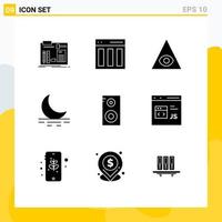 Editable Vector Line Pack of 9 Simple Solid Glyphs of music class weather interface moon pyramid Editable Vector Design Elements