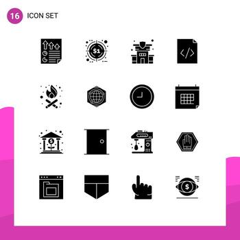16 Solid Glyph concept for Websites Mobile and Apps party time bonfire target html code Editable Vector Design Elements