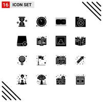 Group of 16 Solid Glyphs Signs and Symbols for computers first cue document aid Editable Vector Design Elements