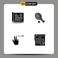 Modern Set of 4 Solid Glyphs Pictograph of healthcare fingers report racket right Editable Vector Design Elements