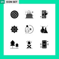 User Interface Pack of 9 Basic Solid Glyphs of finance cogs cute setting seo tag Editable Vector Design Elements