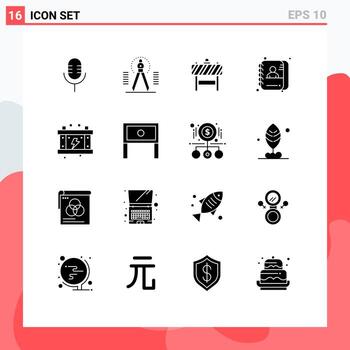 16 Thematic Vector Solid Glyphs and Editable Symbols of electricity data draw employee blocker Editable Vector Design Elements