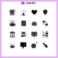 Modern Set of 16 Solid Glyphs and symbols such as video love heart pin location Editable Vector Design Elements