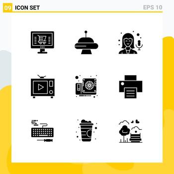 pictograma conjunto de 9 9 sencillo sólido glifos de impresora hardware micrófono computadora vídeo editable vector diseño elementos