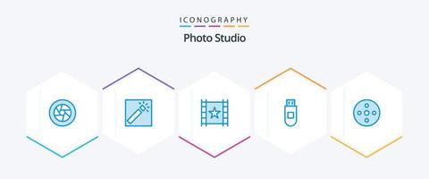 Photo Studio 25 Blue icon pack including footage. data. retouch. storage. star vector