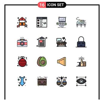 usuario interfaz paquete de dieciséis básico plano color lleno líneas de transporte tren desarrollo en línea Internet editable creativo vector diseño elementos