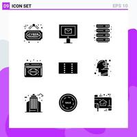 Set of 9 Vector Solid Glyphs on Grid for mind human hosting minimize data visualization Editable Vector Design Elements