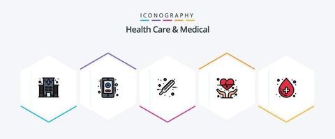 Health Care And Medical 25 FilledLine icon pack including health care. blood. care. heart health. cardiogram vector