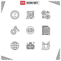 Mobile Interface Outline Set of 9 Pictograms of gear setting marketing revenue percent Editable Vector Design Elements