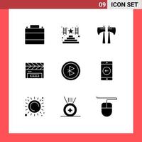 Solid Glyph Pack of 9 Universal Symbols of signal bluetooth ax film flap clapper Editable Vector Design Elements