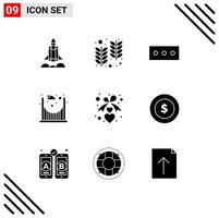 User Interface Pack of 9 Basic Solid Glyphs of dollar coin ribbon password love passage Editable Vector Design Elements