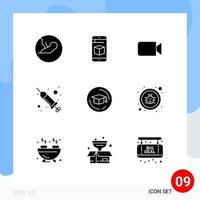 Pack of 9 creative Solid Glyphs of education spa camera procedure drop Editable Vector Design Elements