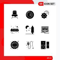 Pack of 9 creative Solid Glyphs of laptop night gear nature drop Editable Vector Design Elements