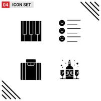 Solid Glyph Pack of 4 Universal Symbols of audio briefcase piano list suitcase Editable Vector Design Elements