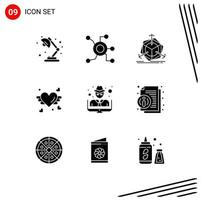 Set of 9 Modern UI Icons Symbols Signs for hacker heart connect love object Editable Vector Design Elements