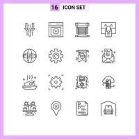 Pack of 16 Modern Outlines Signs and Symbols for Web Print Media such as one finger user click cpu Editable Vector Design Elements