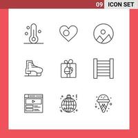 Mobile Interface Outline Set of 9 Pictograms of gift skates flag skate boot Editable Vector Design Elements