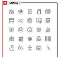 Mobile Interface Line Set of 25 Pictograms of box fire tower camping screen Editable Vector Design Elements