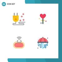 Set of 4 Vector Flat Icons on Grid for plug wifi heart valentine shower Editable Vector Design Elements